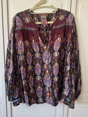 Johnny Was Maroon Floral Boho Peasant Tunic